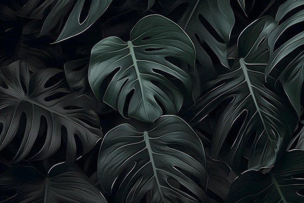 Tropikalne liście Monstera deliciosa na ciemnym tle