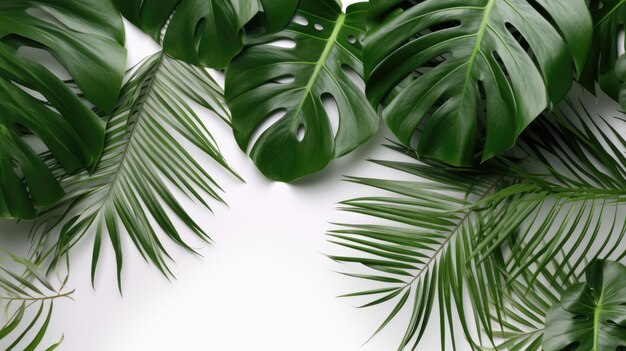 Tropikalne liście Monstera i palmy na białym tle generowane ai