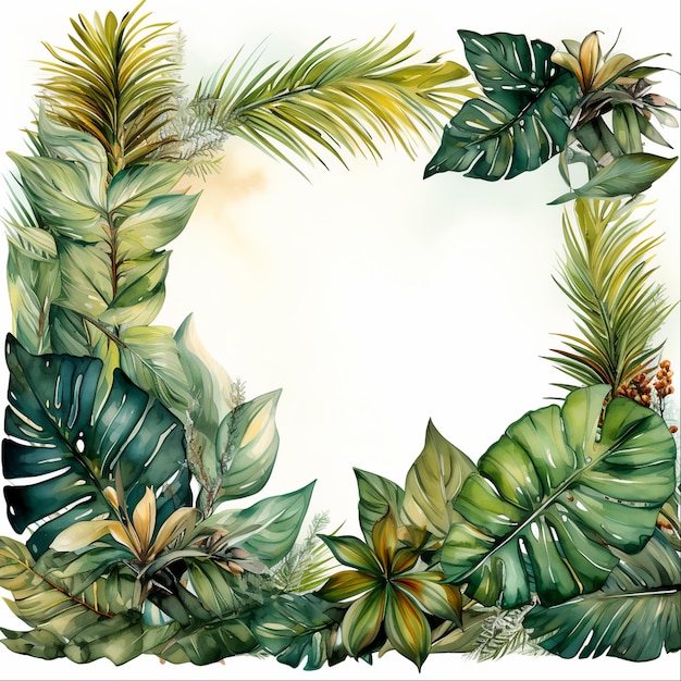 Tropikalne liście palmowe kwadratowa ramka akwarela Generative Ai
