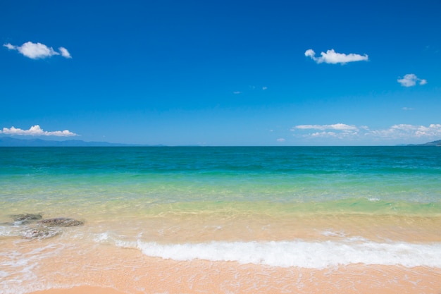 tropikalne morze i plaża z niebieskim tle nieba