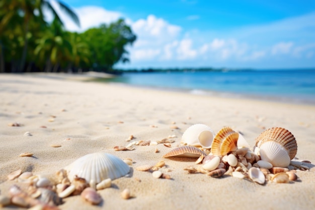 Tropikalne muszle rozrzucone na piaszczystej plaży