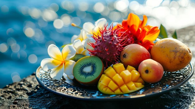 Zdjęcie tropikalne owoce na mango kiwi papaja na tle oceanu