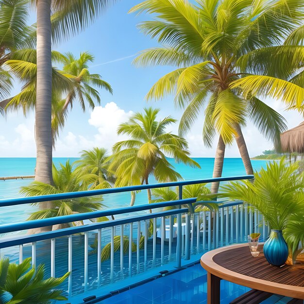 Tropikalne palmy kołyszą się, woda błyszczy, na balkonie czeka relaks AI