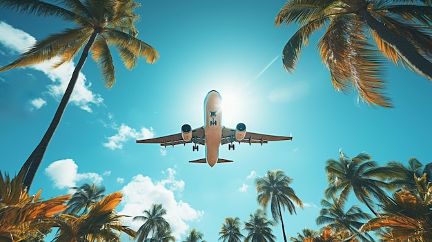 Tropikalne palmy serenadowe sięgające nieba, gdy samolot szybuje nad generatywną sztuczną inteligencją