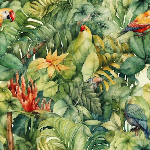 Tropikalne ptaki w akwareli dżungli