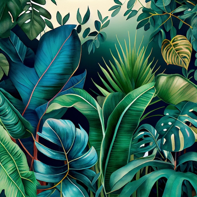 Tropikalne rośliny akwarelowe tło dżungla lasy deszczowe liście tapety Generative AI