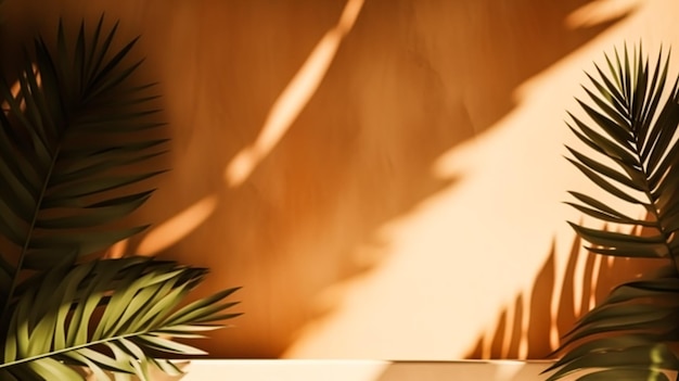 Tropikalne tło dla lokowania produktu liście palmy i cienie słoneczne na ścianie minimalistyczne tło botaniczne palmy w gorący słoneczny dzień generatywne ai