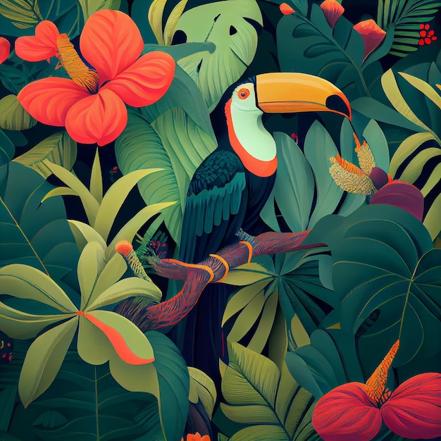 Tropikalne tło z roślinami dżungli i egzotycznymi ptakami Generacyjna sztuczna inteligencja