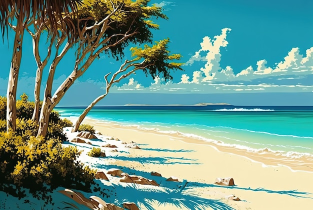 Tropikalne wybrzeże z białym piaskiem Piękna rajska plaża Palmy Słońce Morze Generatywna ilustracja AI