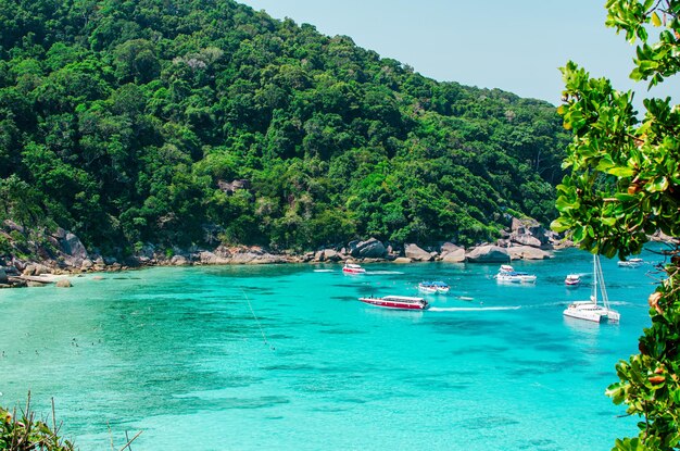 Zdjęcie tropikalne wyspy oceanu niebieskiej wody morskiej i białej piaskowej plaży na wyspach similan z słynną skałą żaglową phang nga krajobraz przyrody tajlandii