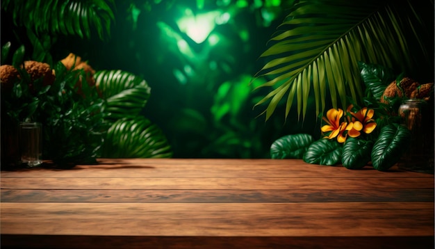 Tropikalne zielone tło kwiatowe do wyświetlania i prezentacji produktu Drewniany stół