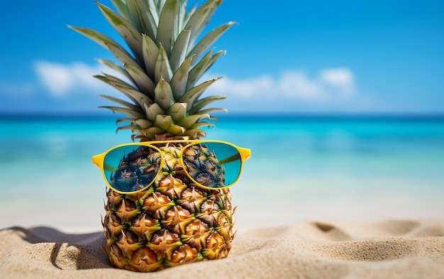 Tropikalny ananas w stylowych okularach przeciwsłonecznych na piaszczystej plaży AI