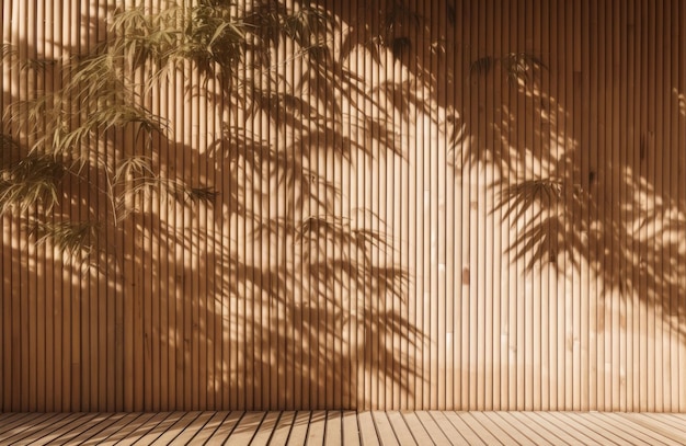 Tropikalny cień liści drzewa bambusowego na drewnianym panelu z słojami drewna Tło do wyświetlania luksusowych produktów i renderowania wnętrz 3D