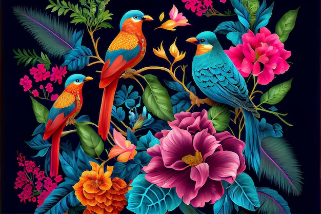 Tropikalny egzotyczny wzór z papugami i kwiatami w jasnych kolorach generatywny AI