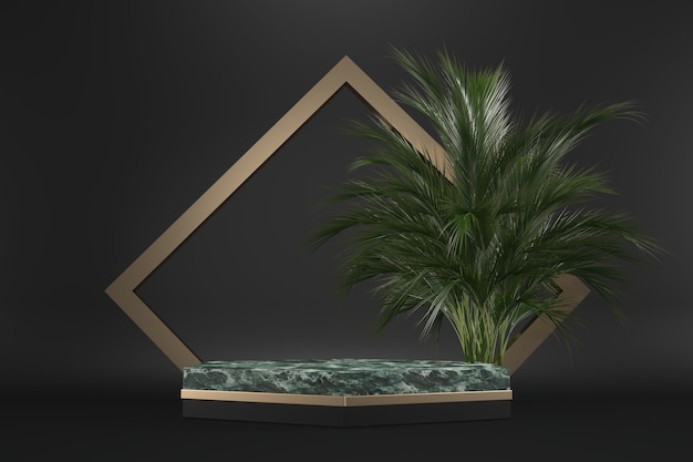 Tropikalny Granit Podium Dekoracja Geometryczna I Roślinna Na Czarnym Tle .3d Renderowania