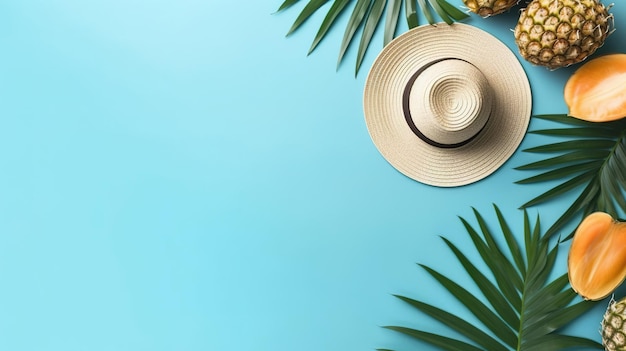 Tropikalny kapelusz i liście palmowe na niebieskim tle.
