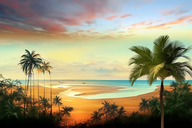 Tropikalny krajobraz, palmy i rośliny, niebieskie niebo pomarańczowy zachód słońca i niebiesko-zielone wakacje lagune