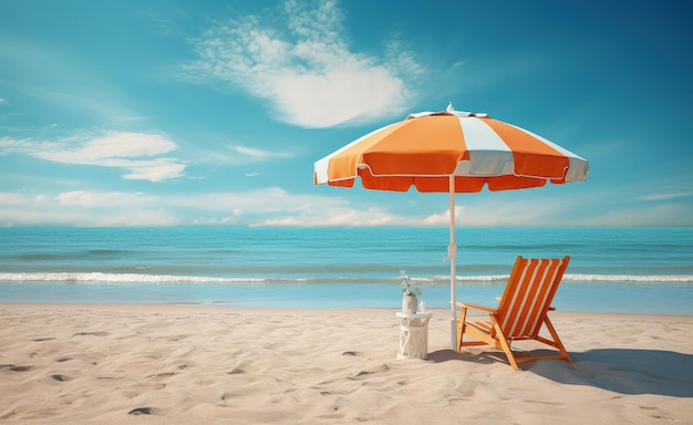 Tropikalny krajobraz z krzesłem plażowym i parasolem plaża i morze w tle Generatywna sztuczna inteligencja