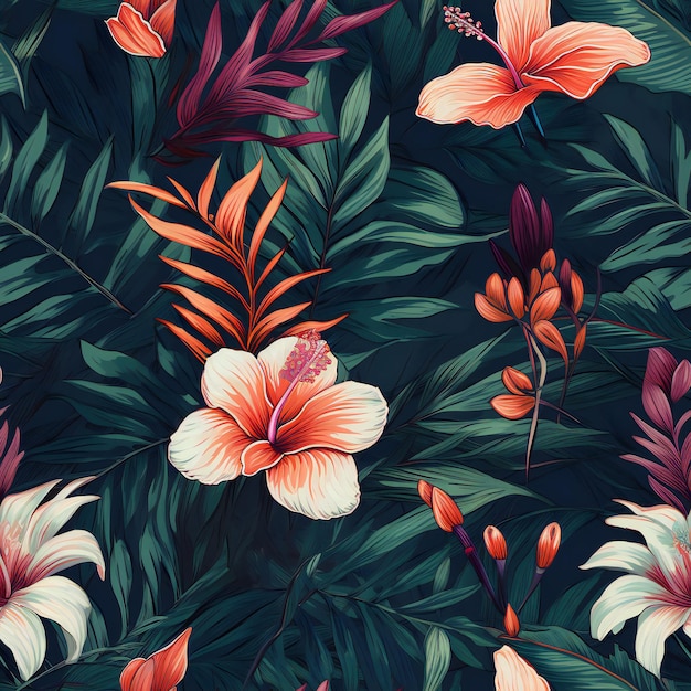 Tropikalny kwiatowy wzór z kwiatami hibiskusa.