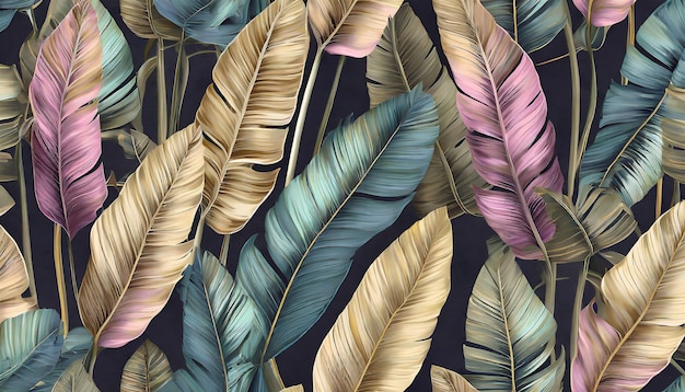 Tropikalny luksus egzotyczny bezszwowy wzór Pastel kolorowe liście bananowe palmowe Ręcznie narysowane vintage