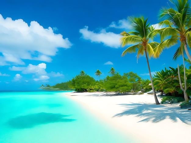 tropikalny raj z palmami, białymi piaszczystymi plażami i turkusowymi wodami oceanu