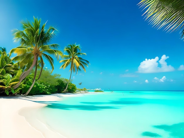 Zdjęcie tropikalny raj z palmami, białymi piaszczystymi plażami i turkusowymi wodami oceanu
