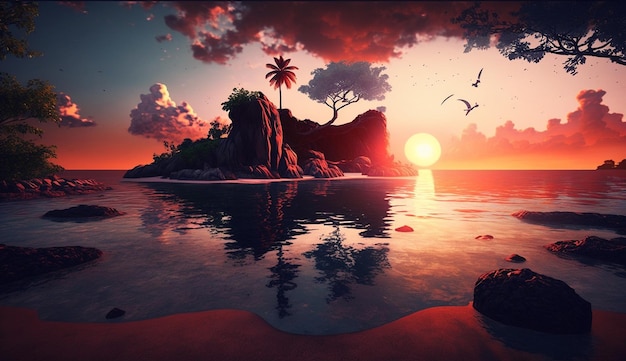 Tropikalny relaksujący obraz wyspy plaża piękny zachód słońca tapeta Obraz generowany przez AI