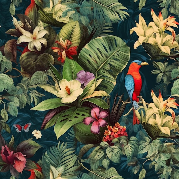 Tropikalny wzór ogrodu w stylu vintage z makietą kwiatów i ptaków oraz koszulkami i materiałem