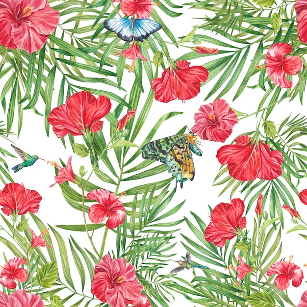 Tropikalny wzór z liśćmi hibiskusa, motyle i kolibry Akwarela letni nadruk Egzotyczna ilustracja kwiatowa nadaje się do odzieży tekstylnej zaproszenia tapety zasłony