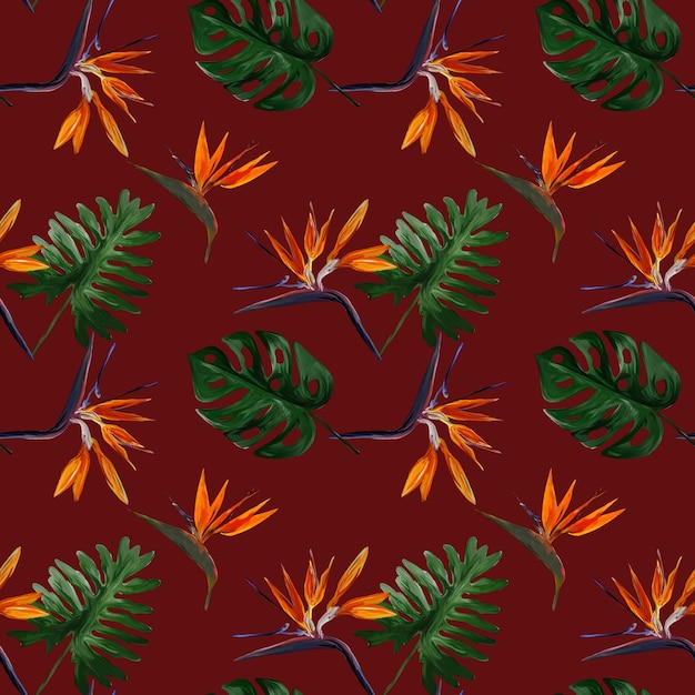 Tropikalny wzór z strelitzia z liśćmi na czerwonym tle. Wzór z kolorowych liści colocasia, filodendron, monstera. Egzotyczna tapeta. Hawajski styl.