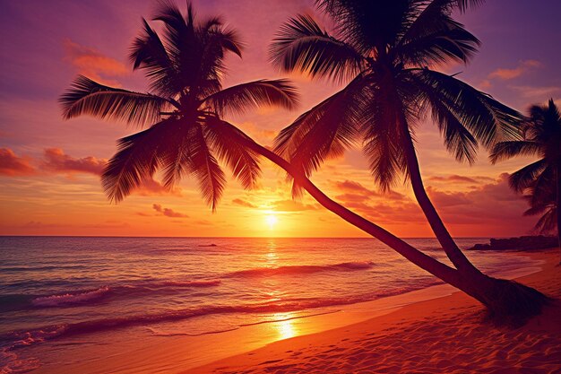 Tropikalny zachód słońca na plaży z palmami