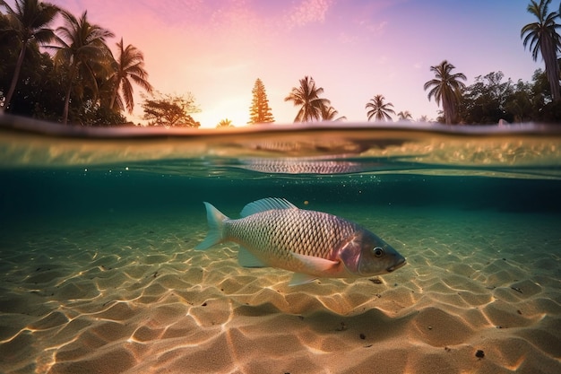 Tropikalny zachód słońca z rybą pływającą w wodzie