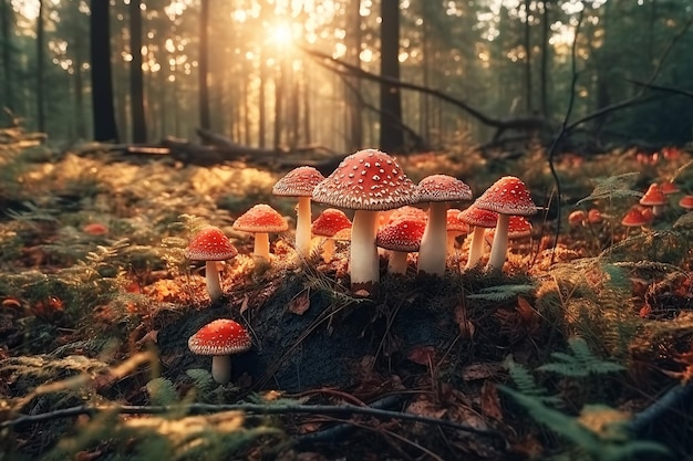 Trujące niejadalne grzyby muchomor rosnący w trawie w lesie w słoneczny letni dzień Ilustracja generatywna AI