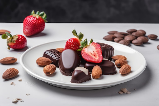 Truskawki i migdały w czekoladzie na białym talerzu utworzone za pomocą generatywnej sztucznej inteligencji