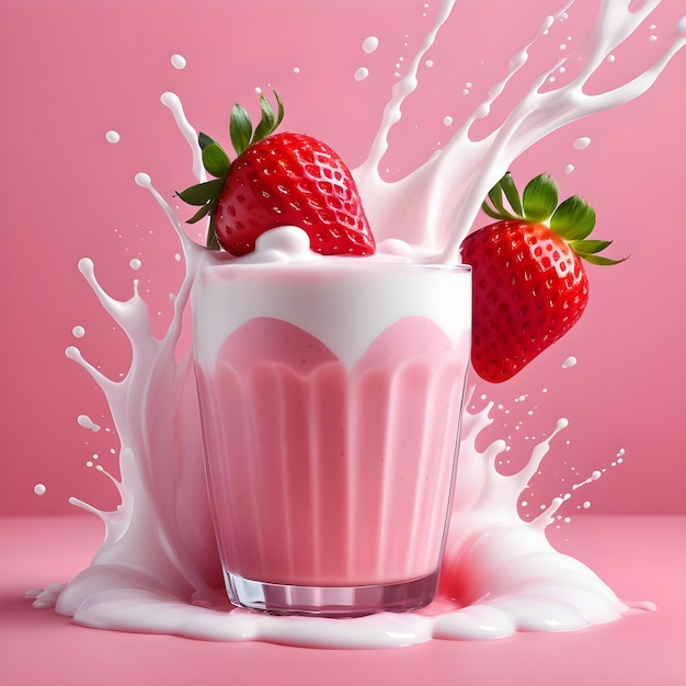 Truskawkowy koktajl mleczny z odrobiną mleka izolowany na różowym tle