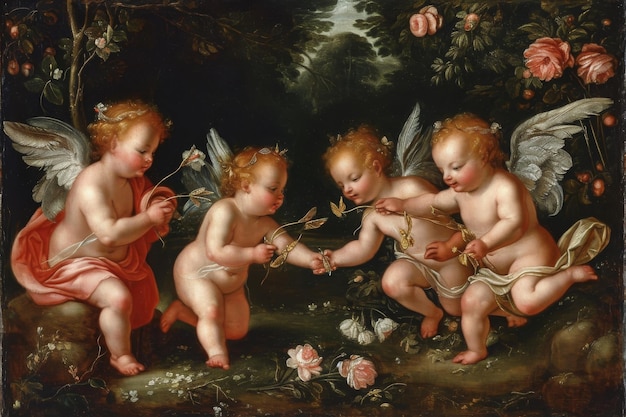 Trzech cherubów angażuje się w zabawne zajęcia z pięknym kwiatem na tym obrazie Cupidowie bawiący się w niebiańskim ogrodzie AI generowane