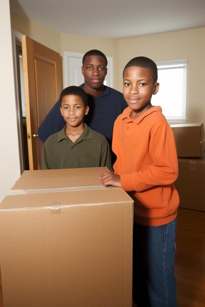 Trzech chłopców stoi w pokoju z pudełkiem, na którym jest napisane, że chłopiec go trzyma.