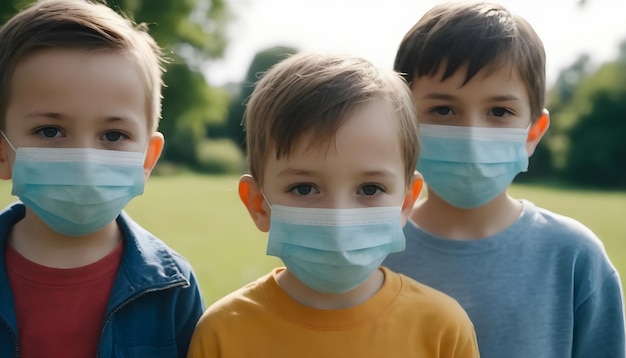 Zdjęcie trzech chłopców w maskach medycznych.