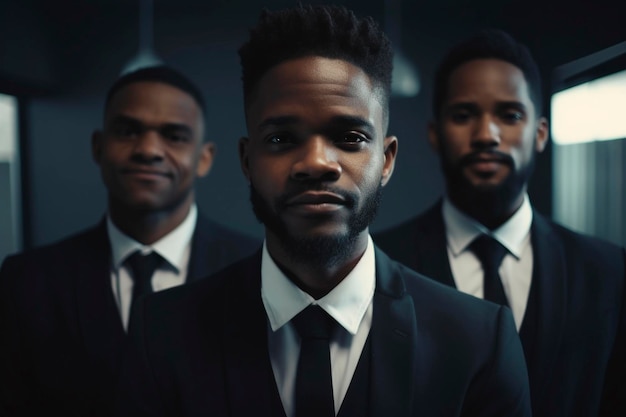 Trzech czarnych mężczyzn skrzyżowanych ramion uśmiecha się w czarnych garniturach w biurze generatywnej ai