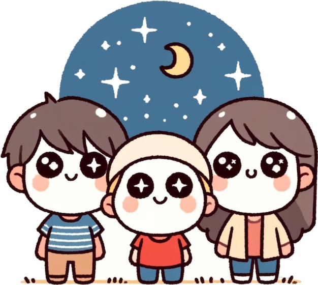 Trzech dzieci patrzy na księżyc, a księżyc jest za nimi.