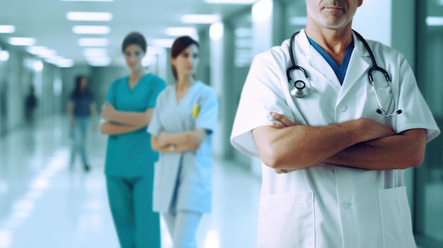 trzech lekarzy w fartuchach stoi na szpitalnym korytarzu