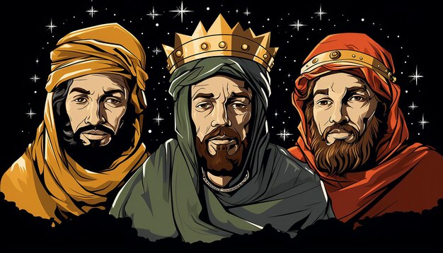 Zdjęcie trzech mądrych z wschodu odwiedziło dziecko jezus w tle noc z gwiazdami pełną ciała
