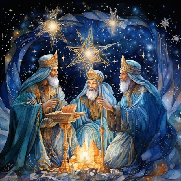 Trzech mędrców siedzących wokół ognia z gwiazdą nad nimi