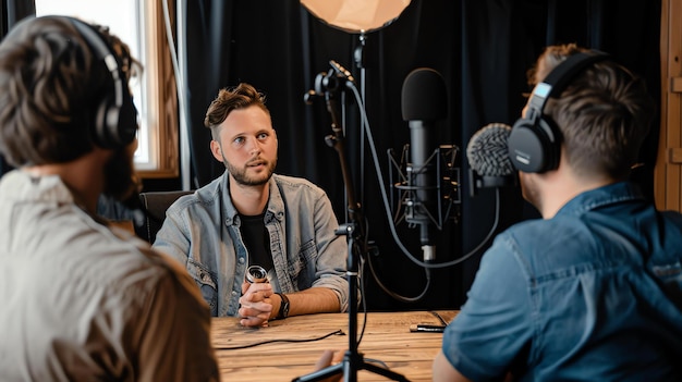 Trzech mężczyzn nagrywa podcast w studiu, wszyscy noszą słuchawki i siedzą wokół stołu.