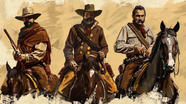 Trzech mężczyzn ubranych w stare zachodnie ubrania jest na koniach, noszą obudowy i wyglądają na gotowych do strzelaniny.