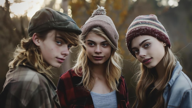 Zdjęcie trzech młodych przyjaciół pozuje na zdjęcie w lesie. wszyscy noszą zwykłe ubrania i mają opuszczone włosy.