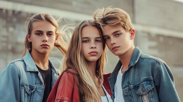 Zdjęcie trzech młodych przyjaciół stojących blisko siebie na zewnątrz dziewczyna w środku uśmiecha się z ramieniem wokół chłopca po prawej