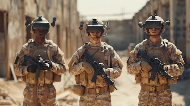 Trzech operatorów wojskowych w okularach wirtualnej rzeczywistości kontroluje quadcopter nowoczesną broń wojskową