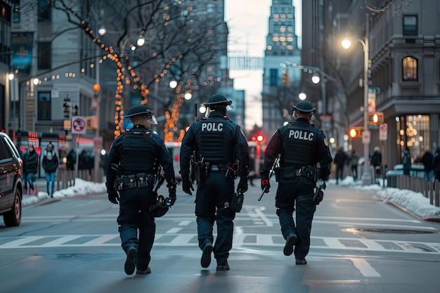 Trzech policjantów idących ulicą.