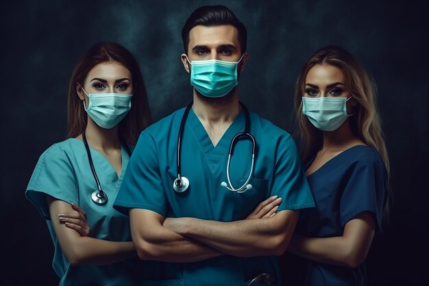 Trzech pracowników służby zdrowia w szlafrokach i maskach pozujących z pewnością siebie